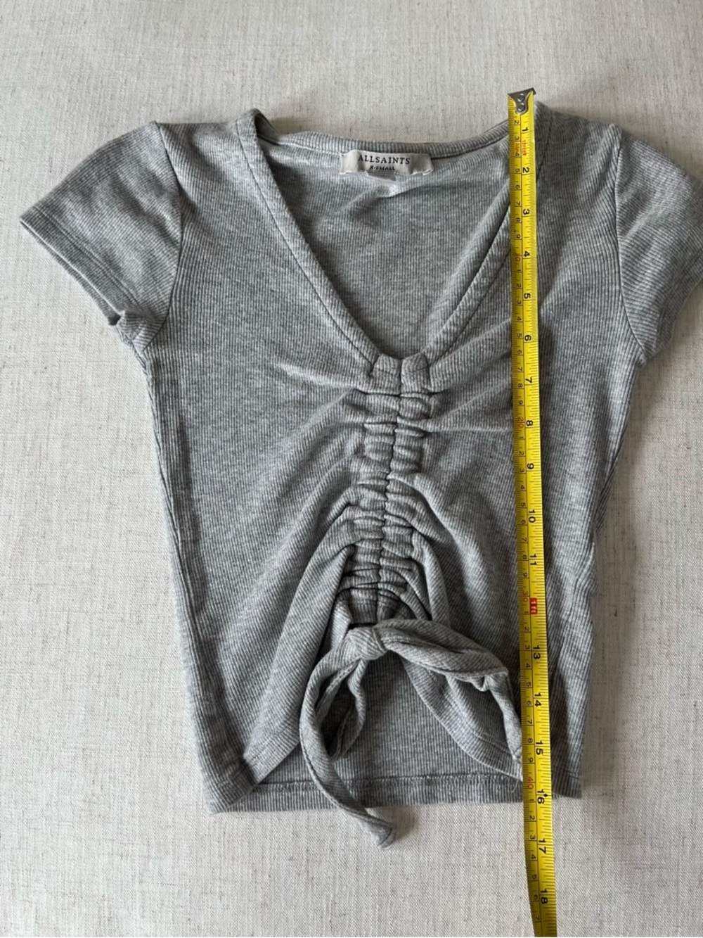 All Saints Ruched Tie-Front Ribbed V-Neck Top - Picture 4 of 6